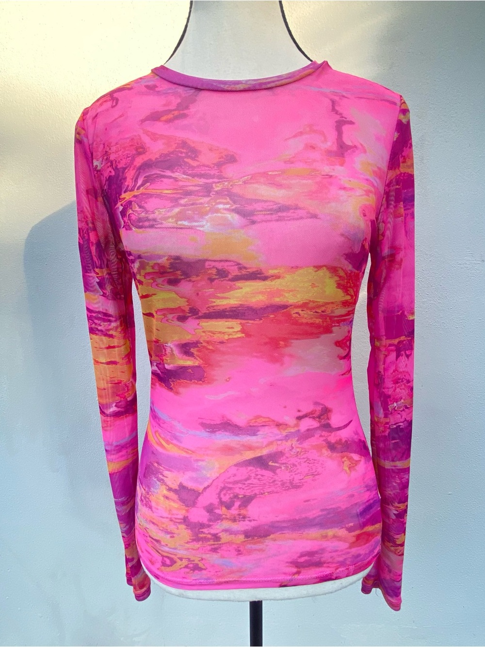 AFRM Subversive Pink & Orange Abstract Sunset Print Mesh Long Sleeve Top Small
